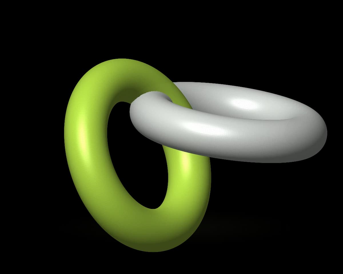 Two sculptural rings, one chartreuse and one silver, interlocking to represent a partnership